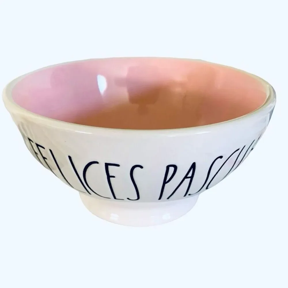 NWT Rae Dunn FELICES PASCUAS Spanish  Español white Pink Glossy Ceramic Bowl